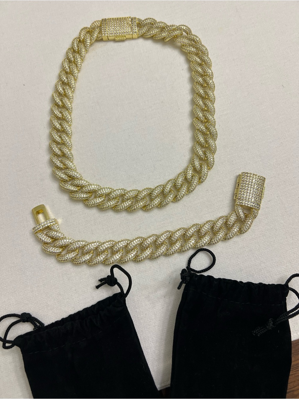 15 mm Gold-Tone Pave Cuban Link Necklace and Bracelet Set